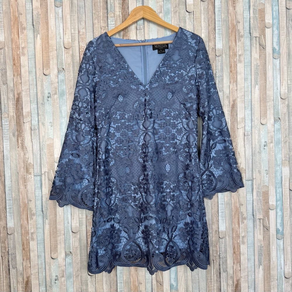 Mestiza L Blue Guipure Lace Camisa Dress Retro Bell Sleeve V Neck Party $495